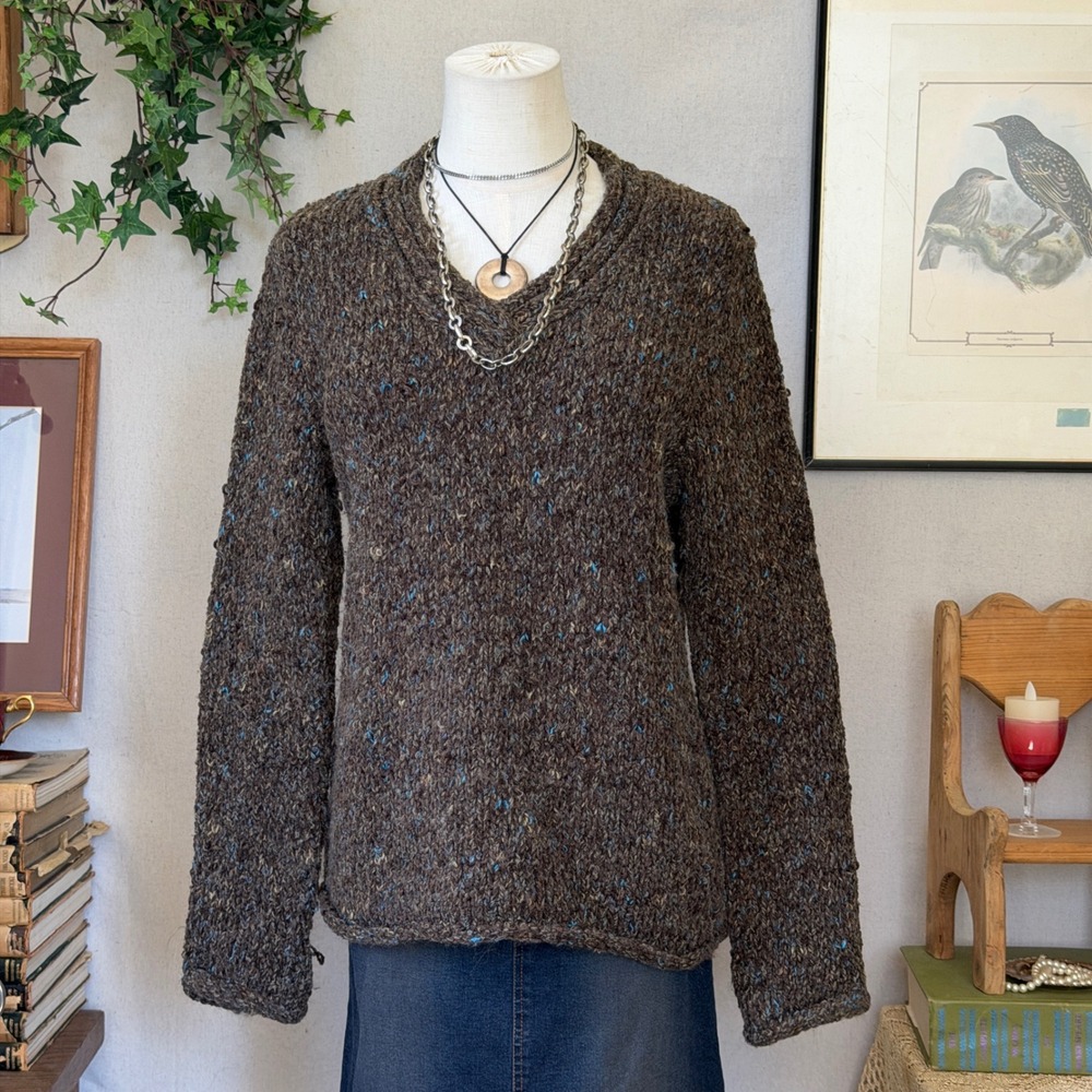 Brown Multi Marled Knit Sweater V-Neck Whimsygoth Granola M Distressed Earthy